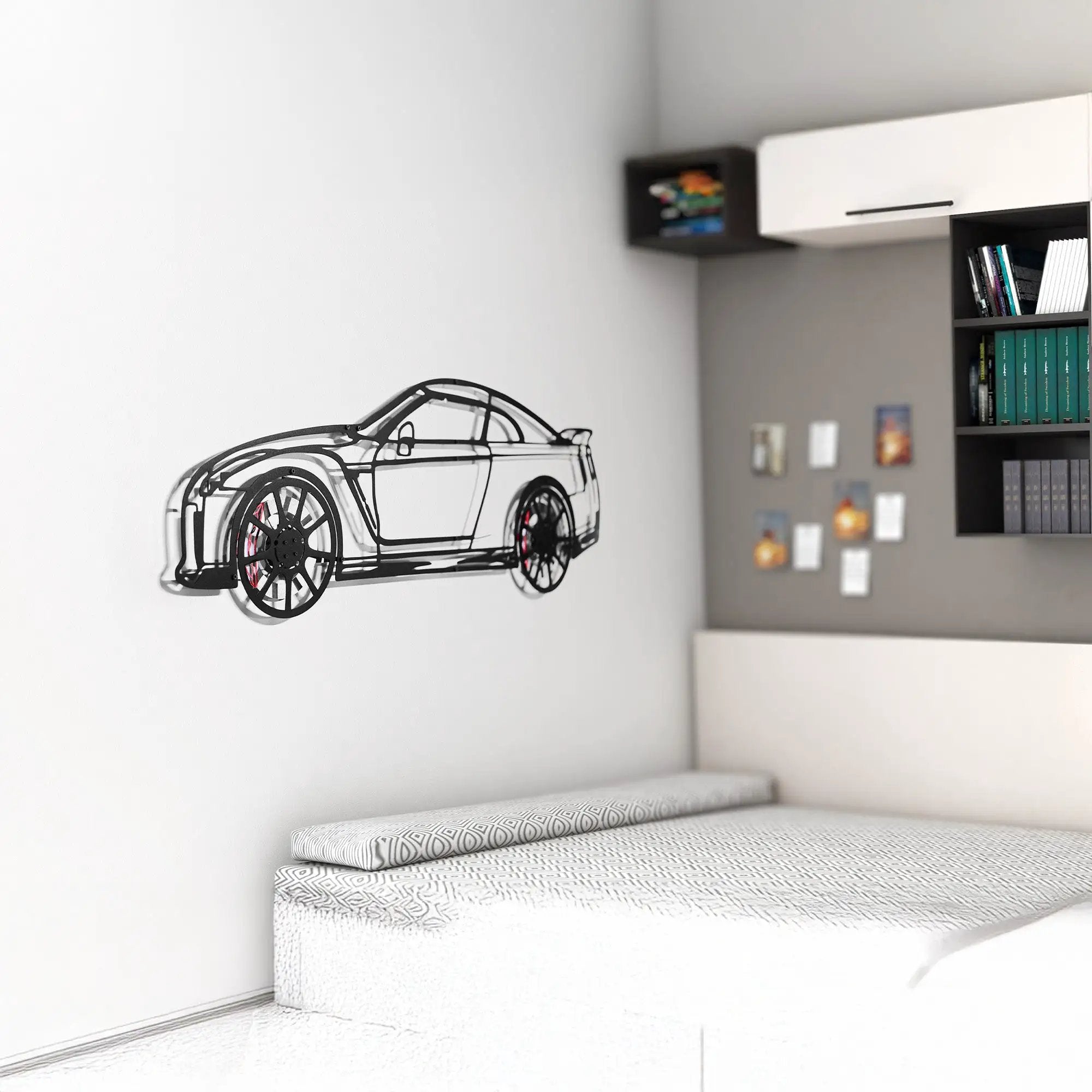 Nissan GT-R R35 Wall Art – JDM Steel Silhouette with Spinning Wheels-KAFMEKA036 by Enova Art