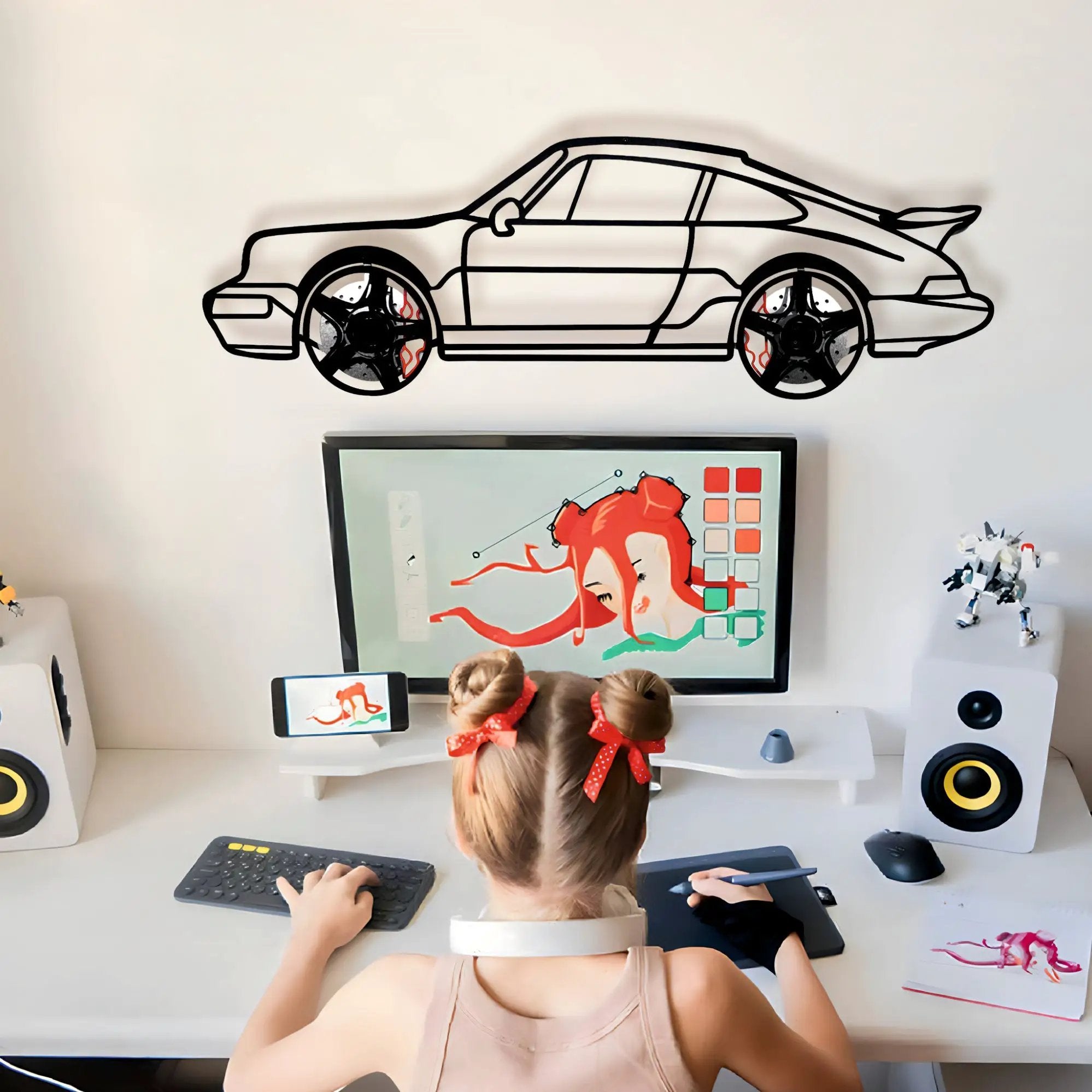 Classic Porsche 911 Wall Art – Retro Steel Silhouette with Spinning Wheels-KAFMEKA038 by Enova Art