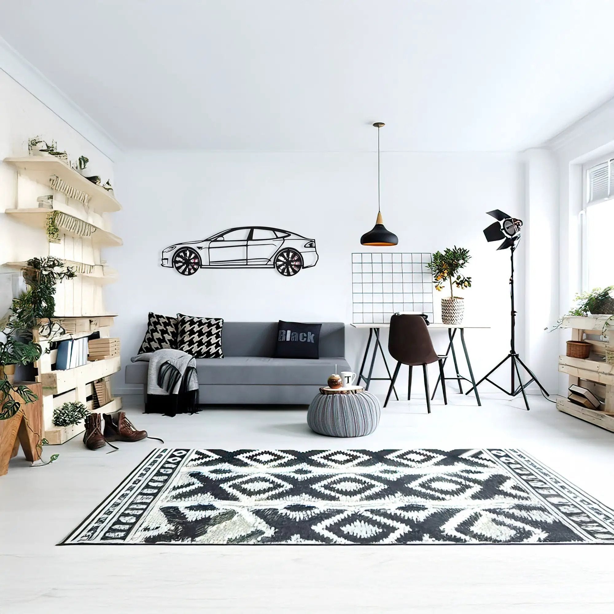 Tesla Model S Wall Art – Electric Car Steel Silhouette with Spinning Wheels-KAFMEKA045 by Enova Art