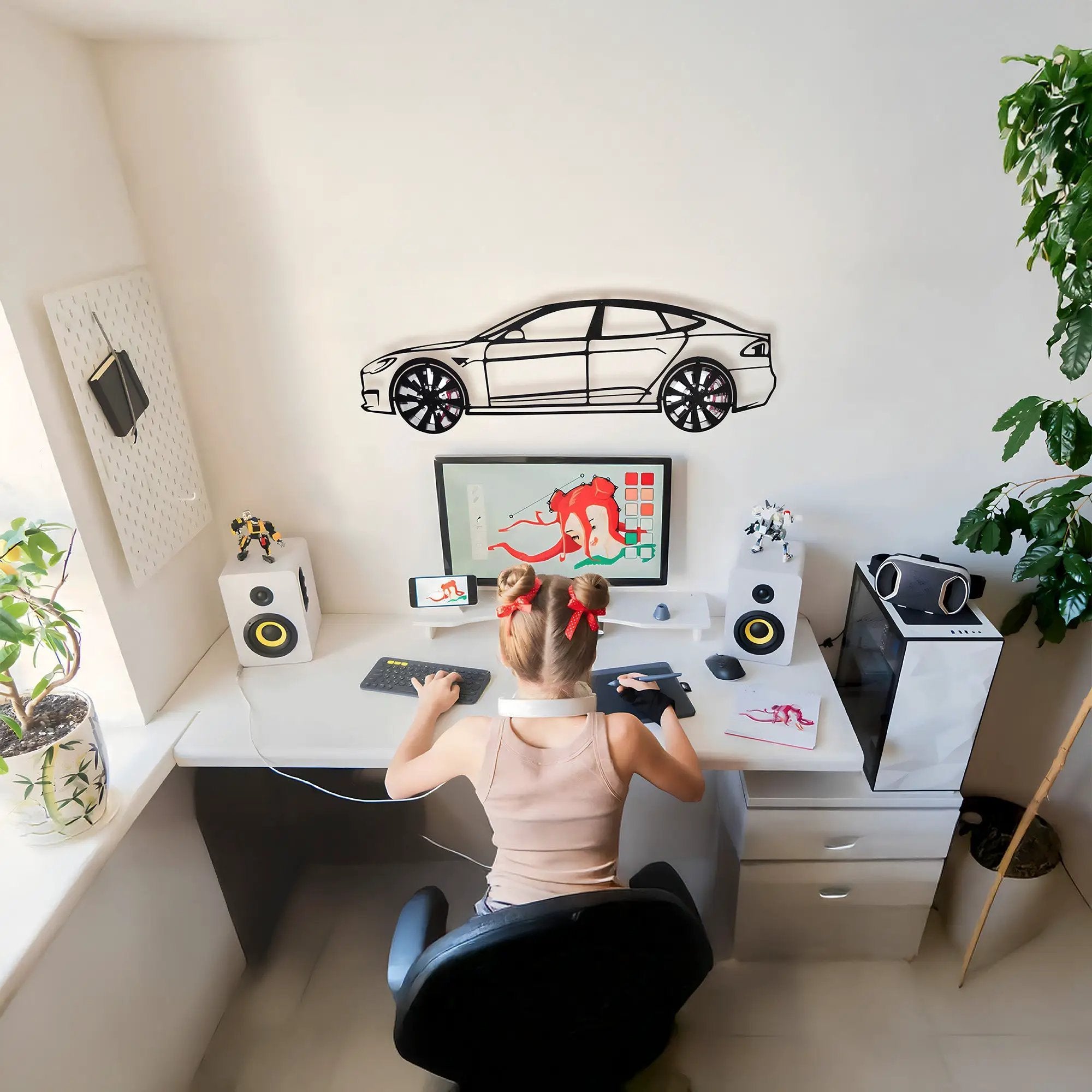 Tesla Model S Wall Art – Electric Car Steel Silhouette with Spinning Wheels-KAFMEKA045 by Enova Art