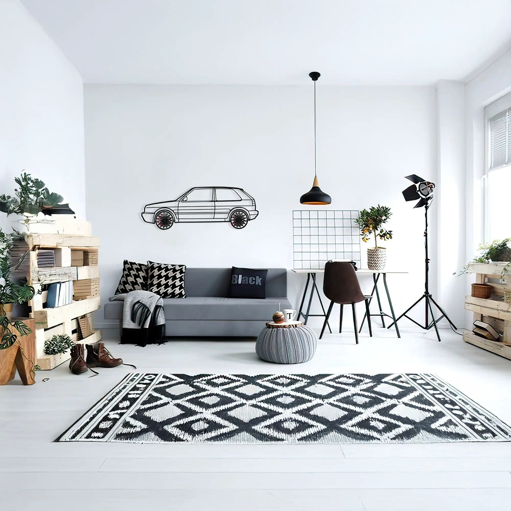 Volkswagen Golf Mk1 Wall Art – Classic Hot Hatch Steel Silhouette with Spinning Wheels-KAFMEKA046 by Enova Art