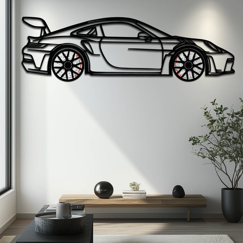 Porsche GT3 RS Style Metal Wall Art – Rotating Wheel Car Silhouette | Premium Gift for Porsche Lovers,KAFMEKA051 by Enova Art