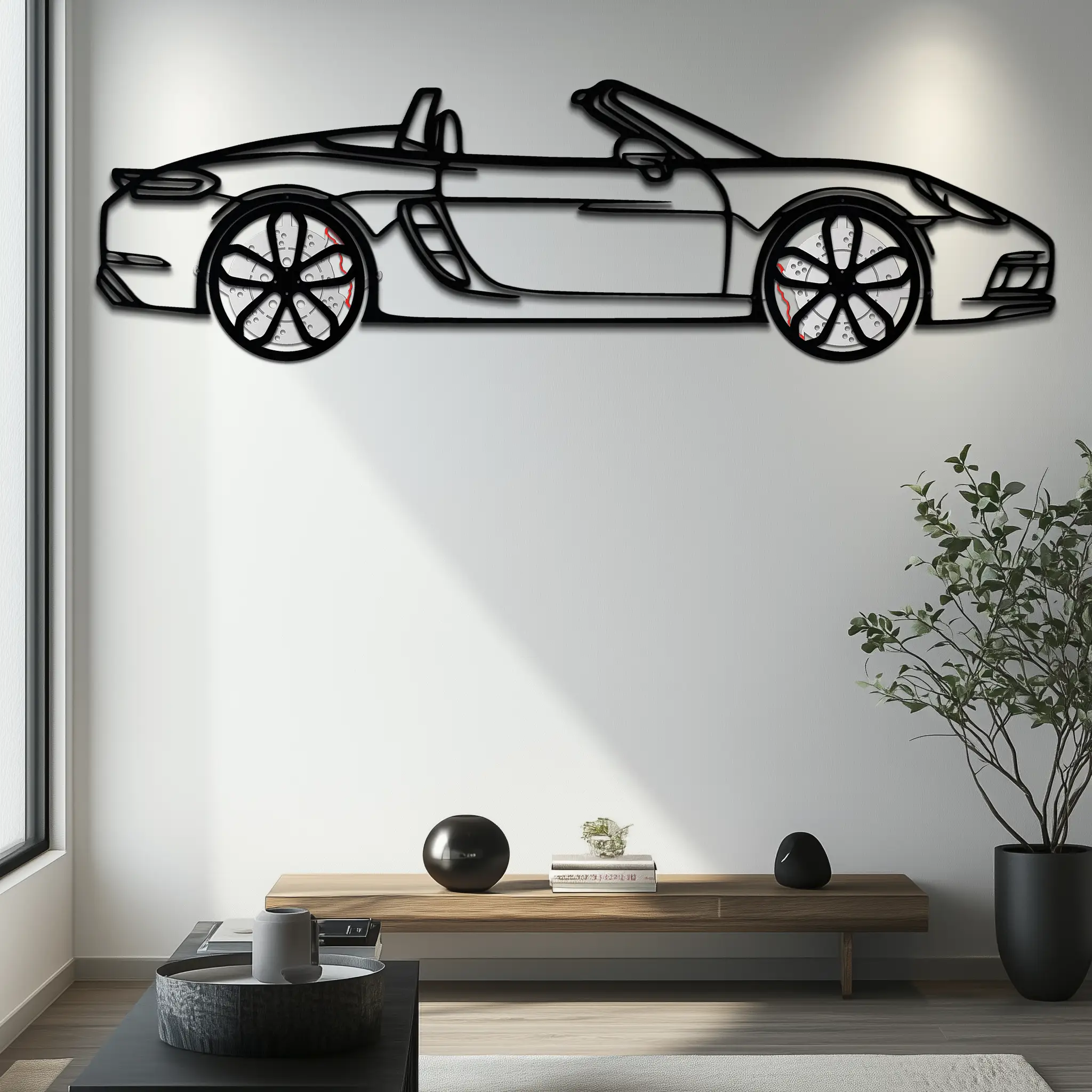 Porsche 718 Boxster GTS Metal Wall Art – Rotating Wheels – Luxury Car Silhouette Decor,KAFMEKA053 by Enova Art