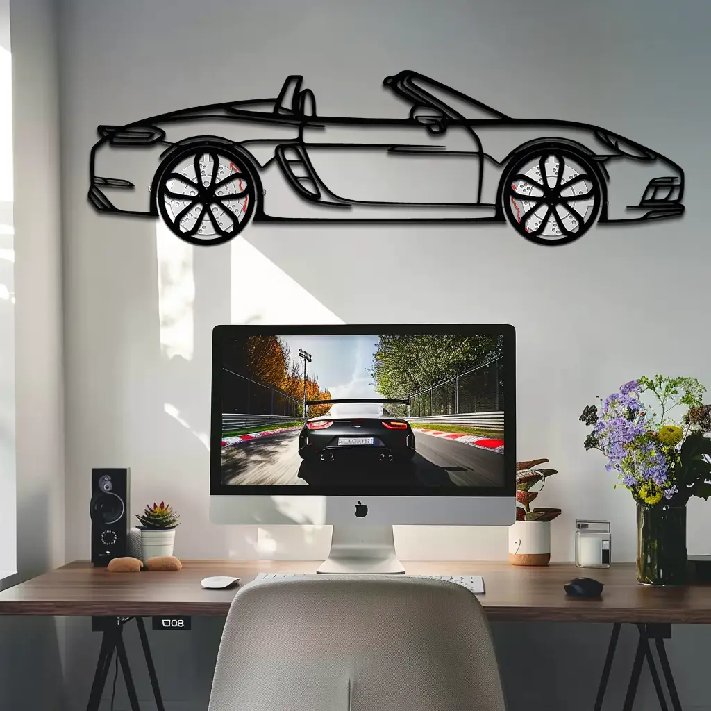 Porsche 718 Boxster GTS Metal Wall Art – Rotating Wheels – Luxury Car Silhouette Decor,KAFMEKA053 by Enova Art