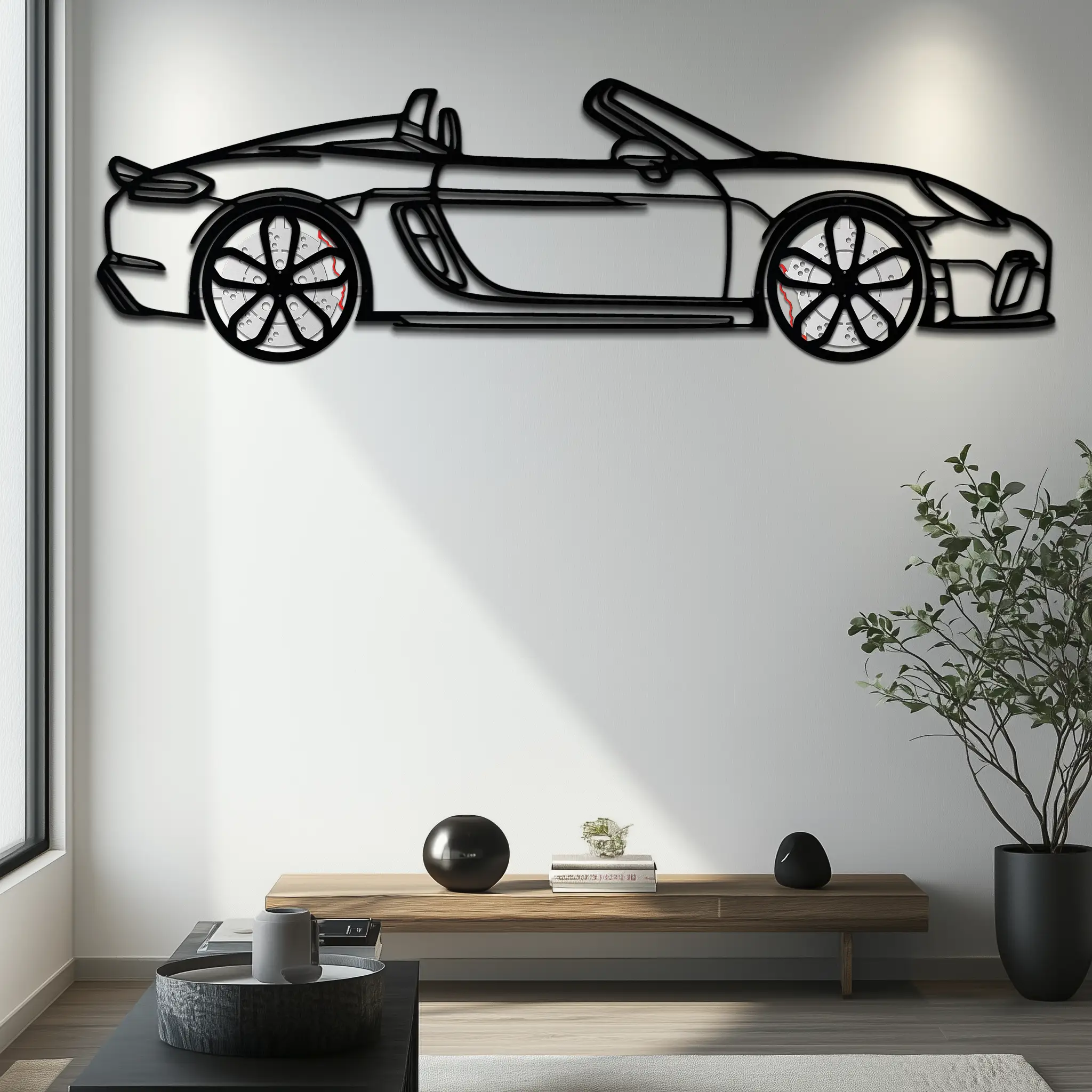 Porsche 718 Spyder Metal Wall Art – Rotating Wheel Car Silhouette Decor for Garage & Gifts,KAFMEKA054 by Enova Art