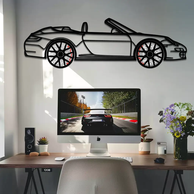 Porsche-Inspired Cabrio Silhouette Metal Wall Art – Rotating Wheel Garage Decor Gift,KAFMEKA055 by Enova Art