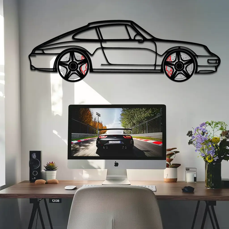 Porsche 911 (993) Silhouette Metal Wall Art – Classic Sports Car Décor with Rotating Wheels 🏁🔥,KAFMEKA058 by Enova Art