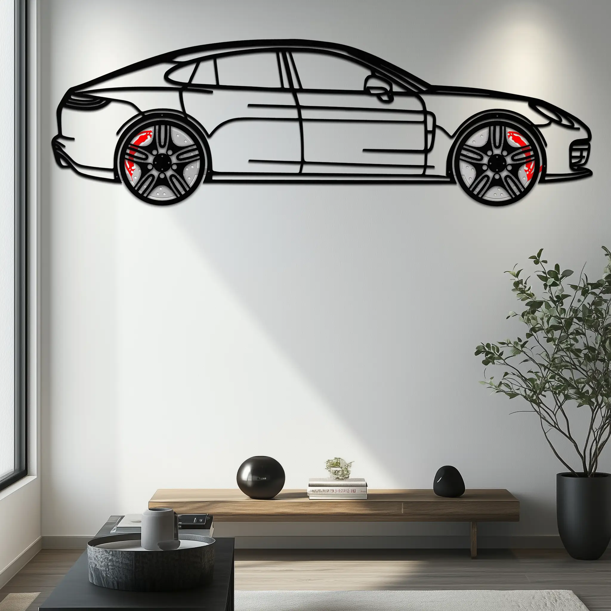Porsche Panamera GTS 2023 Metal Wall Art – Luxury Sport Sedan Silhouette with Rotating Wheels-KAFMEKA066 by Enova Art