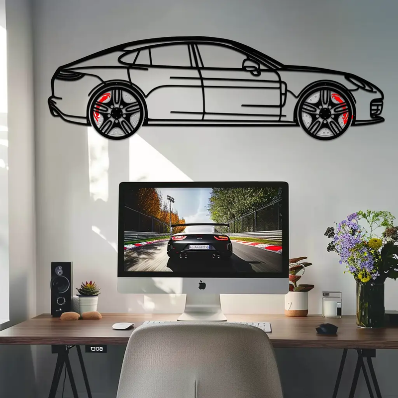 Porsche Panamera GTS 2023 Metal Wall Art – Luxury Sport Sedan Silhouette with Rotating Wheels-KAFMEKA066 by Enova Art
