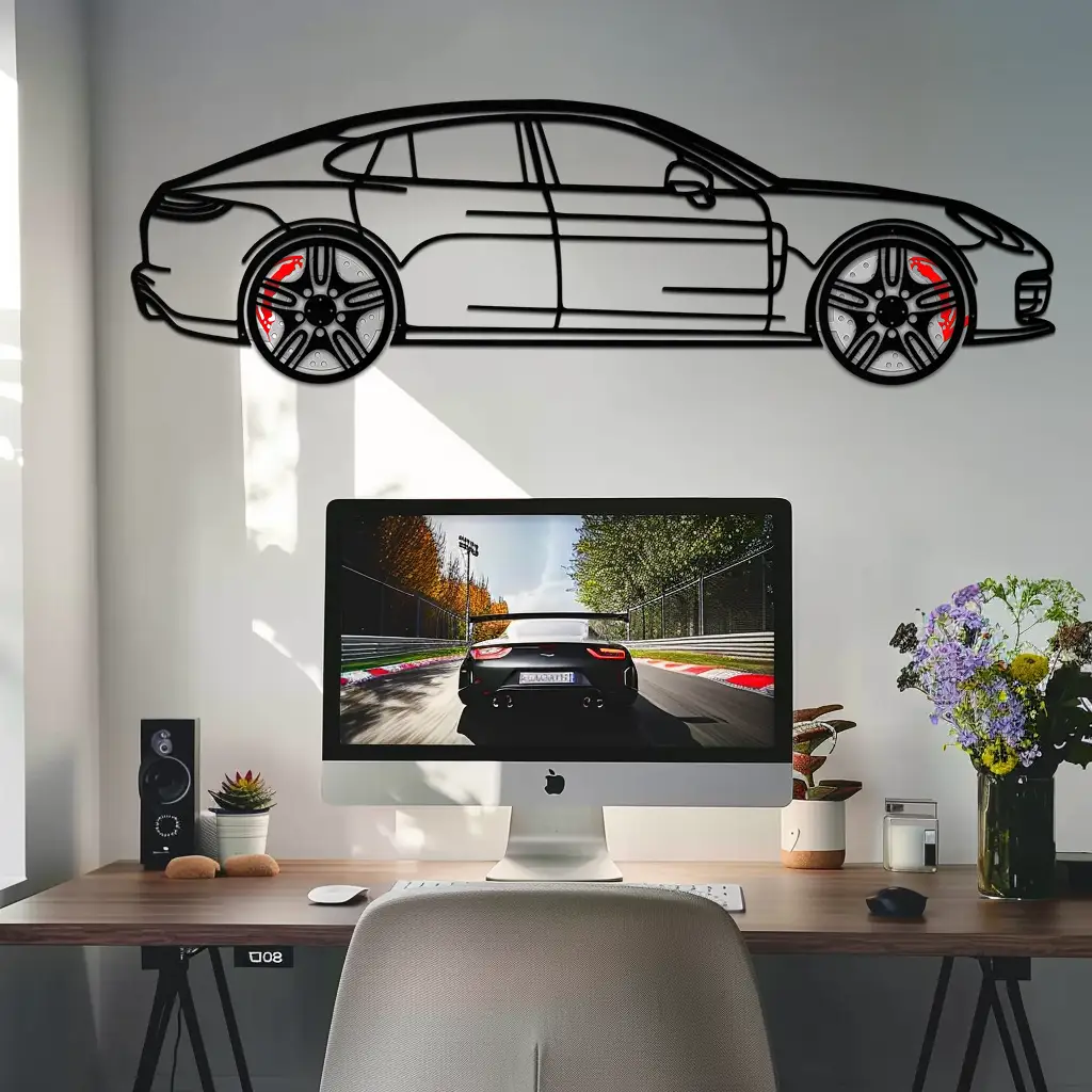 Porsche Taycan Turbo Cross Metal Wall Art – Electric Performance Silhouette with Rotating Wheels-KAFMEKA067 by Enova Art