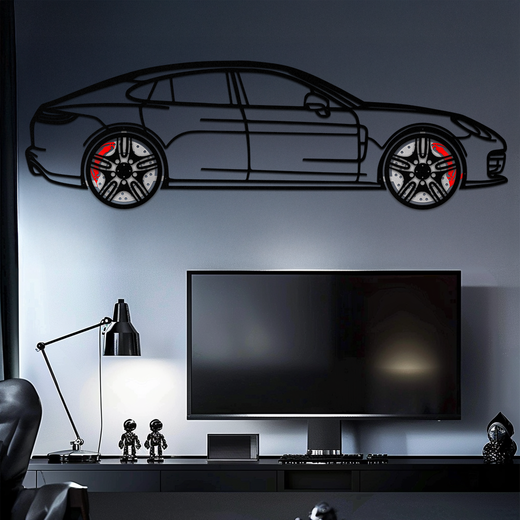Porsche Panamera GTS 2023 Metal Wall Art – Luxury Sport Sedan Silhouette with Rotating Wheels-KAFMEKA066 by Enova Art
