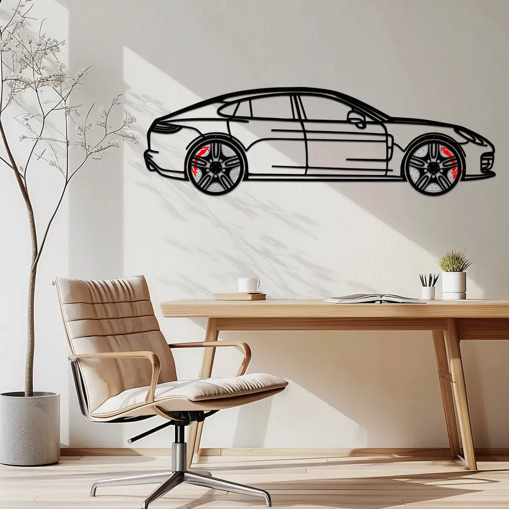 Porsche Panamera GTS 2023 Metal Wall Art – Luxury Sport Sedan Silhouette with Rotating Wheels-KAFMEKA066 by Enova Art