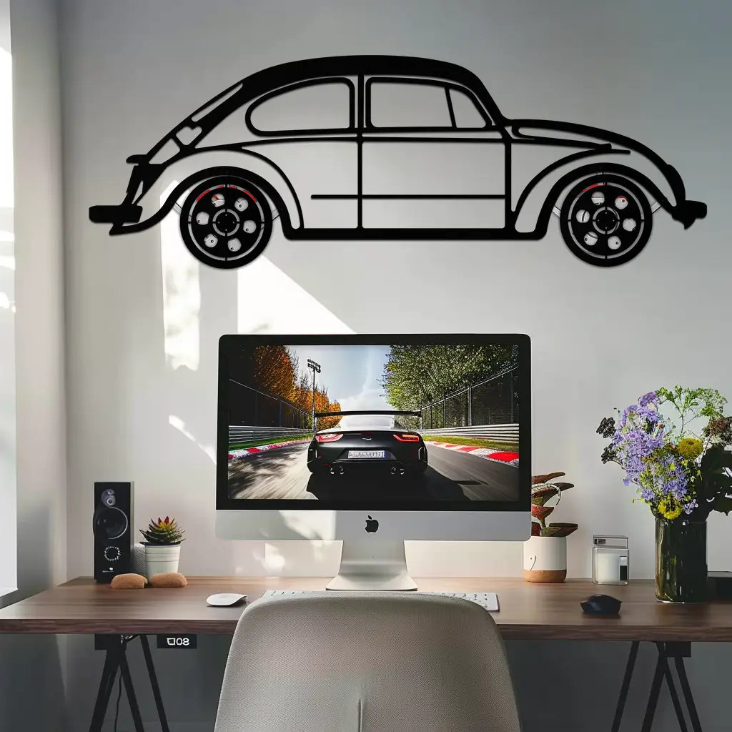 Volkswagen Beetle “Tosbiq” Metal Wall Art – Classic Bug Silhouette with Rotating Wheels-KAFMEKA068 by Enova Art