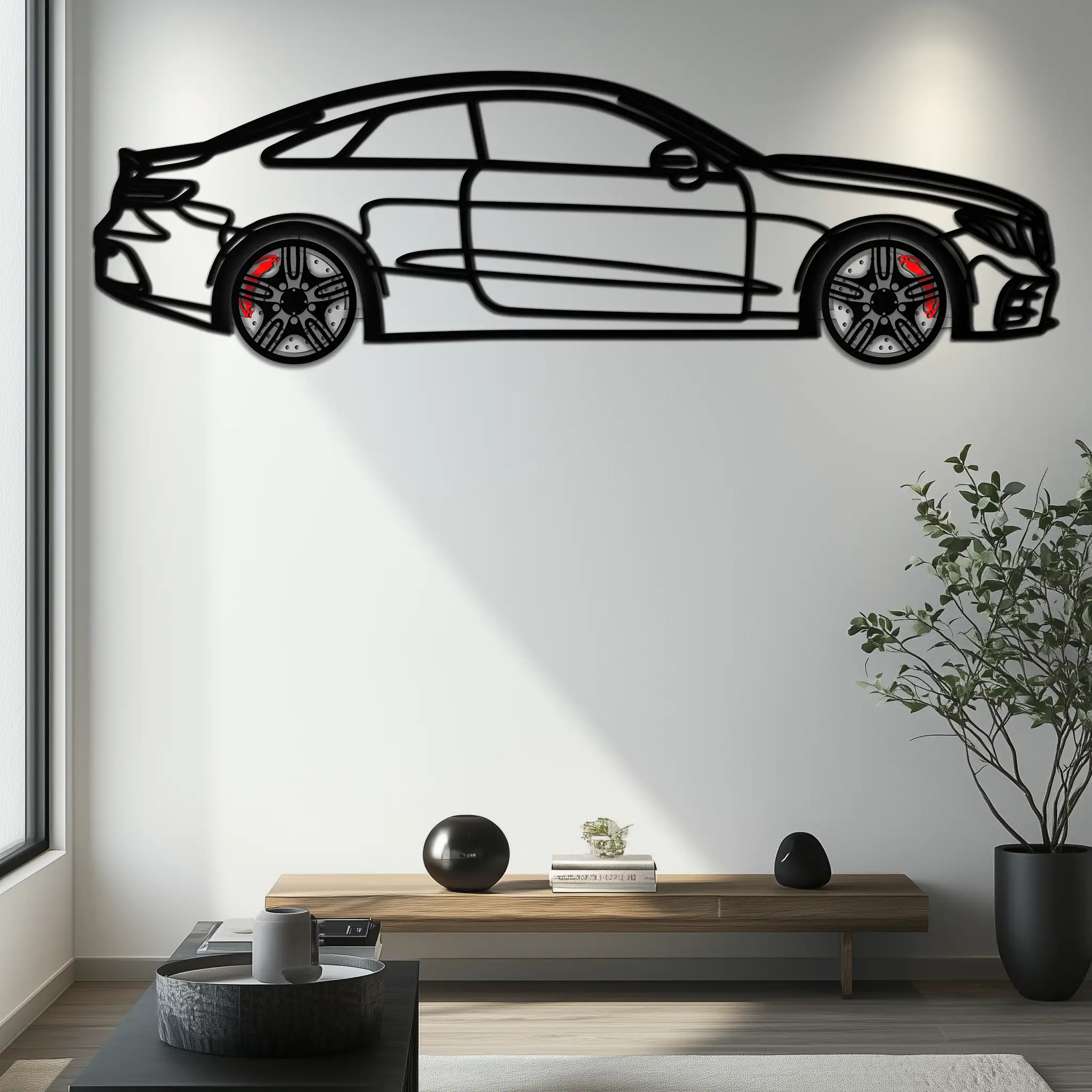 Mercedes E53 AMG Rotating Wheel Metal Wall Art – Luxury Coupe Silhouette Decor for Car Enthusiasts- KAFMEKA078 by Enova Art