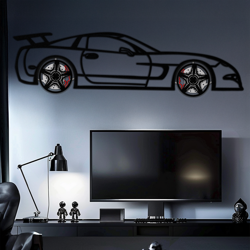 Chevrolet Corvette C5 Metal Wall Art – Rotating Wheels Sports Car Silhouette Wall Decor Gift-KAFMEKA092 by Enova Art