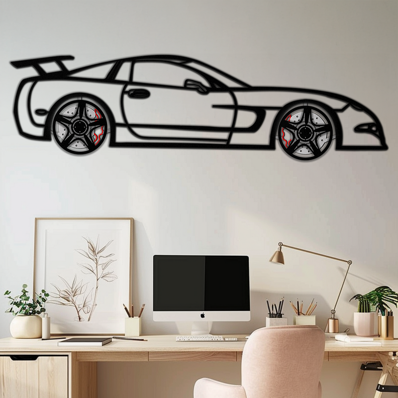 Chevrolet Corvette C5 Metal Wall Art – Rotating Wheels Sports Car Silhouette Wall Decor Gift-KAFMEKA092 by Enova Art