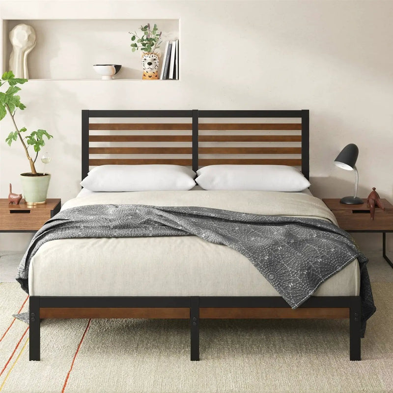 Full Metal Platform Bed Frame with Bamboo Wood Slat Headboard and Footboard by HomePacific