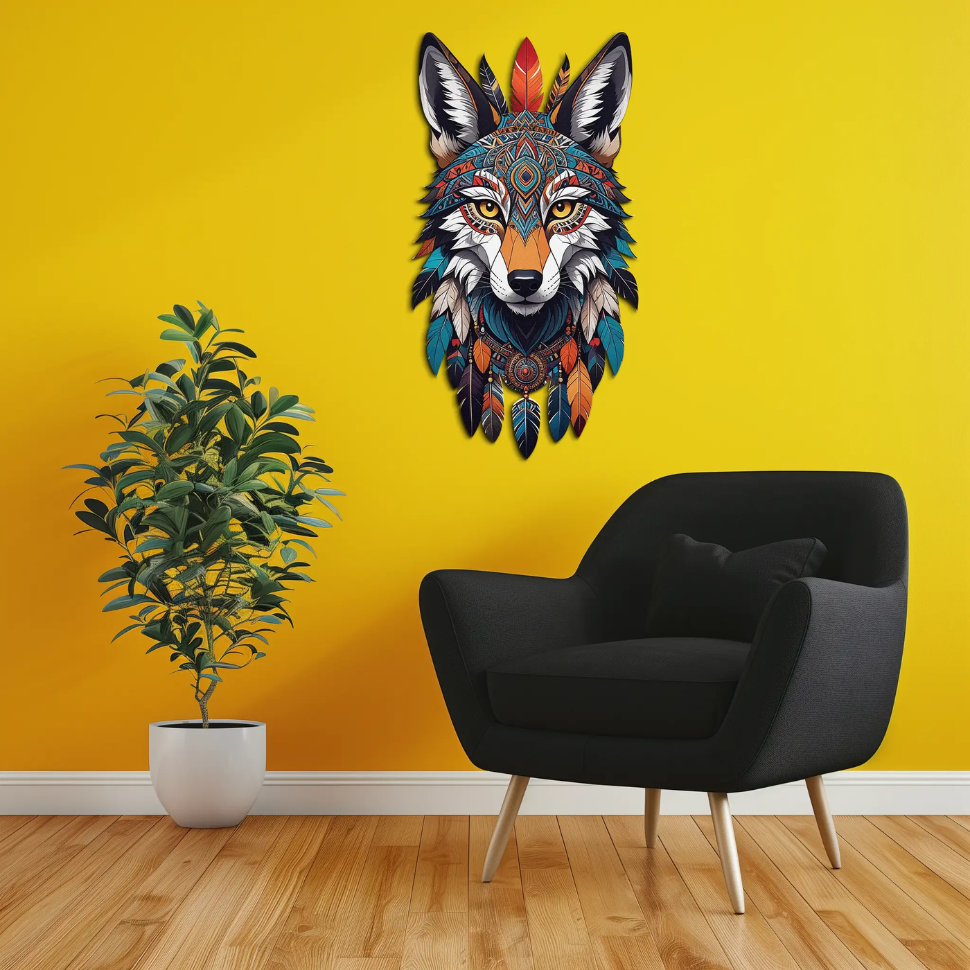Colorful Tribal Wolf Metal Wall Art – Spirit Animal UV Decor-KAFUVM002 by Enova Art