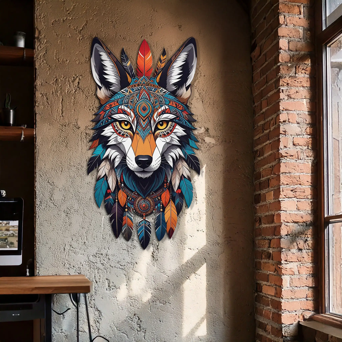Colorful Tribal Wolf Metal Wall Art – Spirit Animal UV Decor-KAFUVM002 by Enova Art