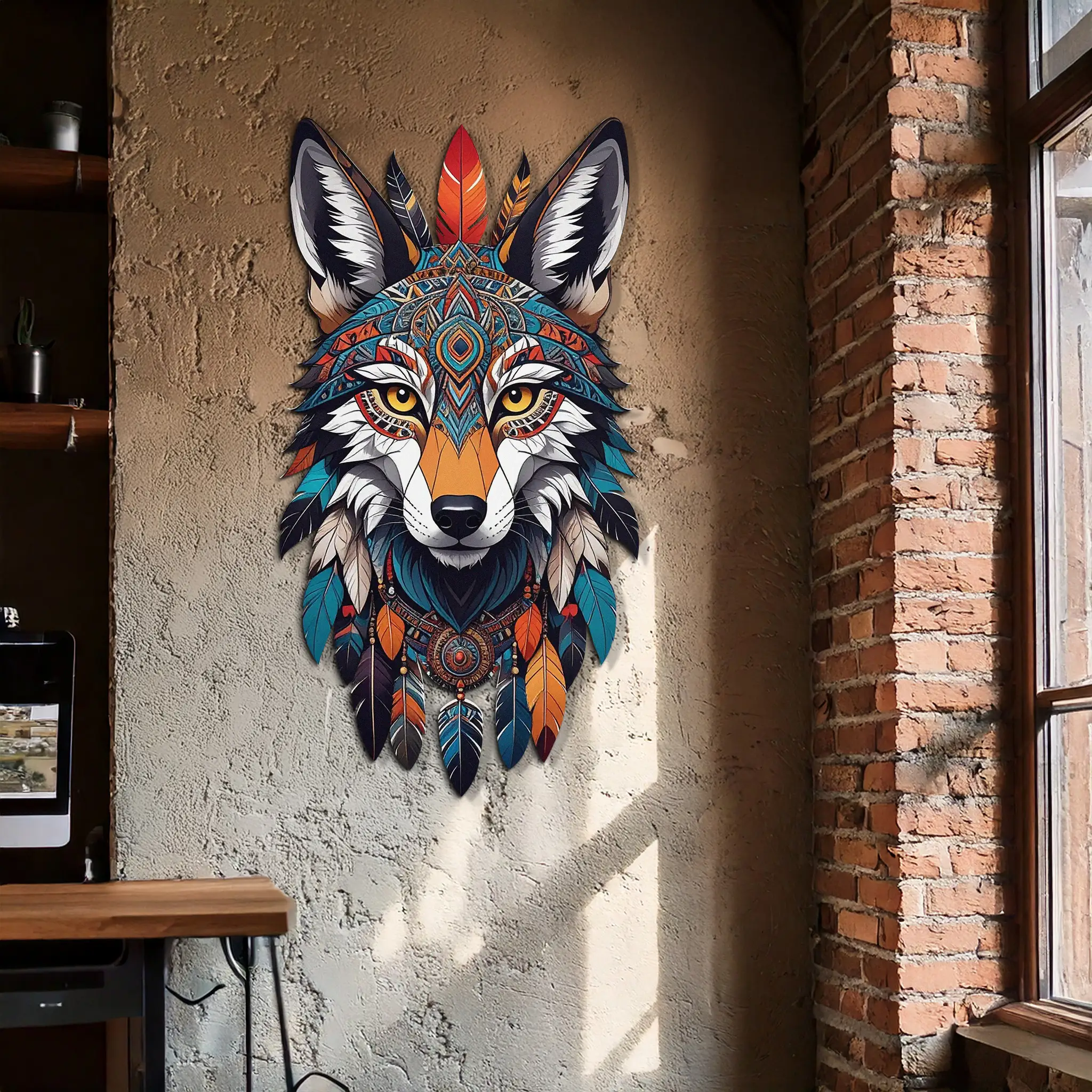 Colorful Tribal Wolf Metal Wall Art – Spirit Animal UV Decor-KAFUVM002 by Enova Art