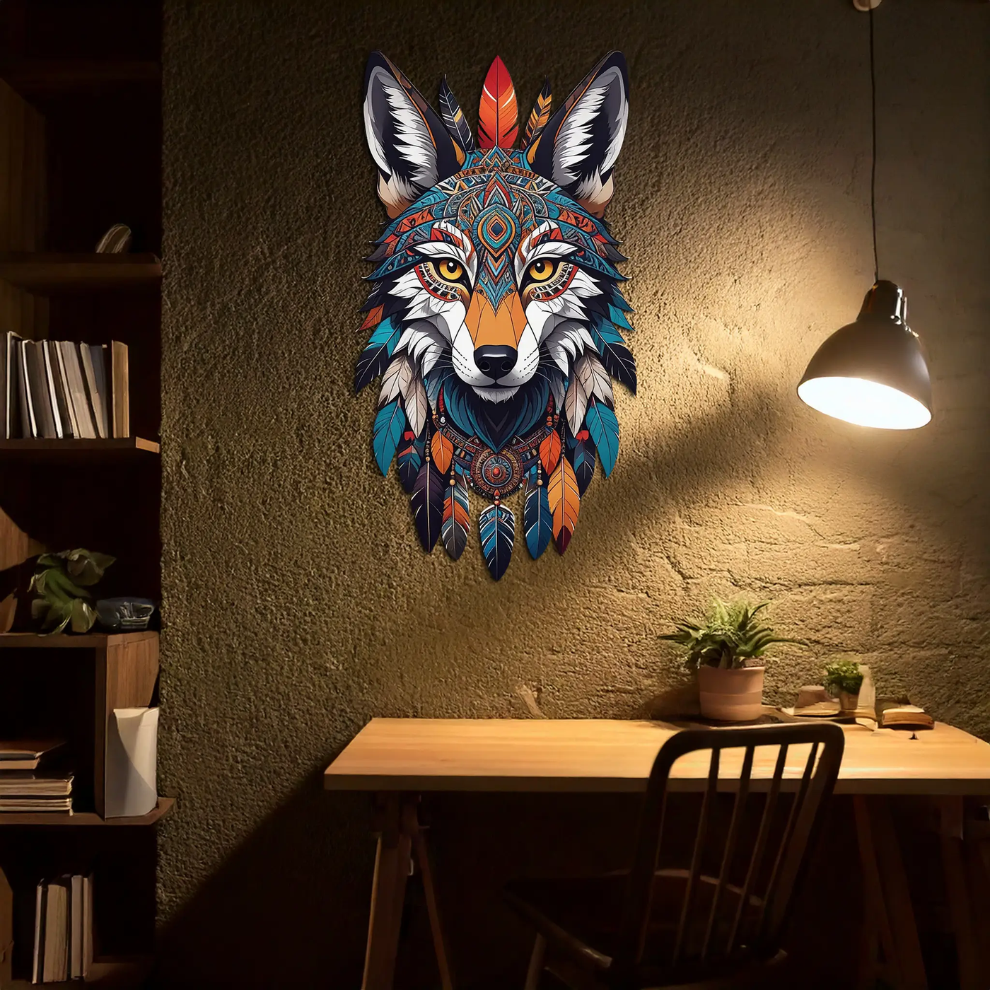 Colorful Tribal Wolf Metal Wall Art – Spirit Animal UV Decor-KAFUVM002 by Enova Art