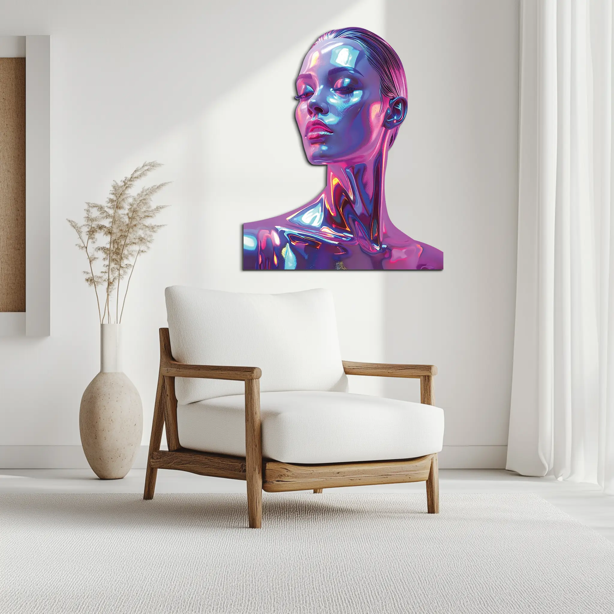 Holographic Woman Portrait Metal Wall Art – Futuristic UV Decor-KAFUVM009 by Enova Art