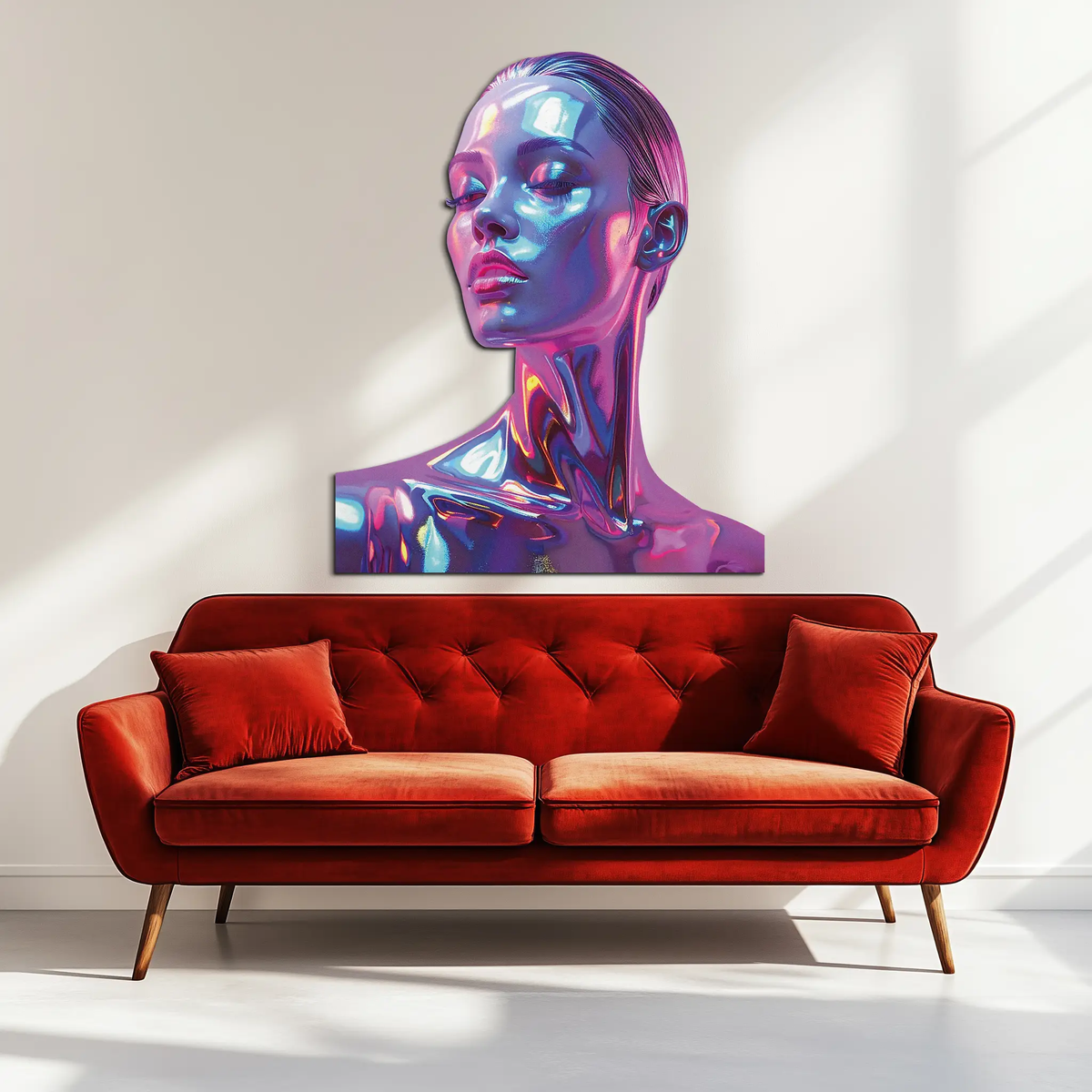 Holographic Woman Portrait Metal Wall Art – Futuristic UV Decor-KAFUVM009 by Enova Art
