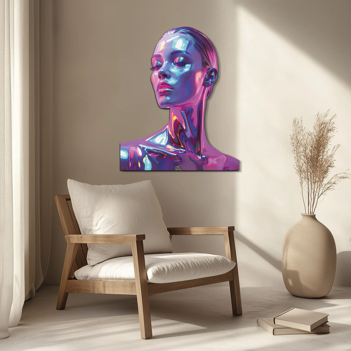 Holographic Woman Portrait Metal Wall Art – Futuristic UV Decor-KAFUVM009 by Enova Art
