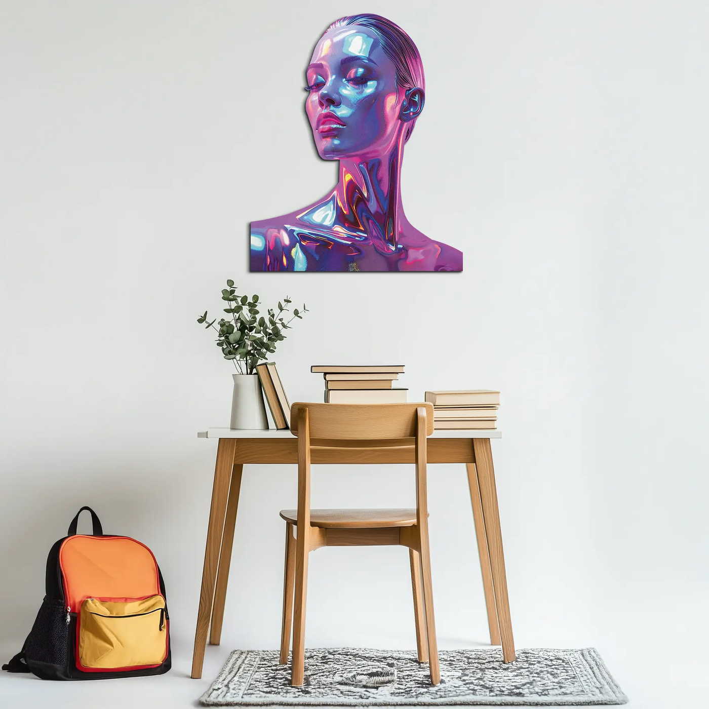 Holographic Woman Portrait Metal Wall Art – Futuristic UV Decor-KAFUVM009 by Enova Art