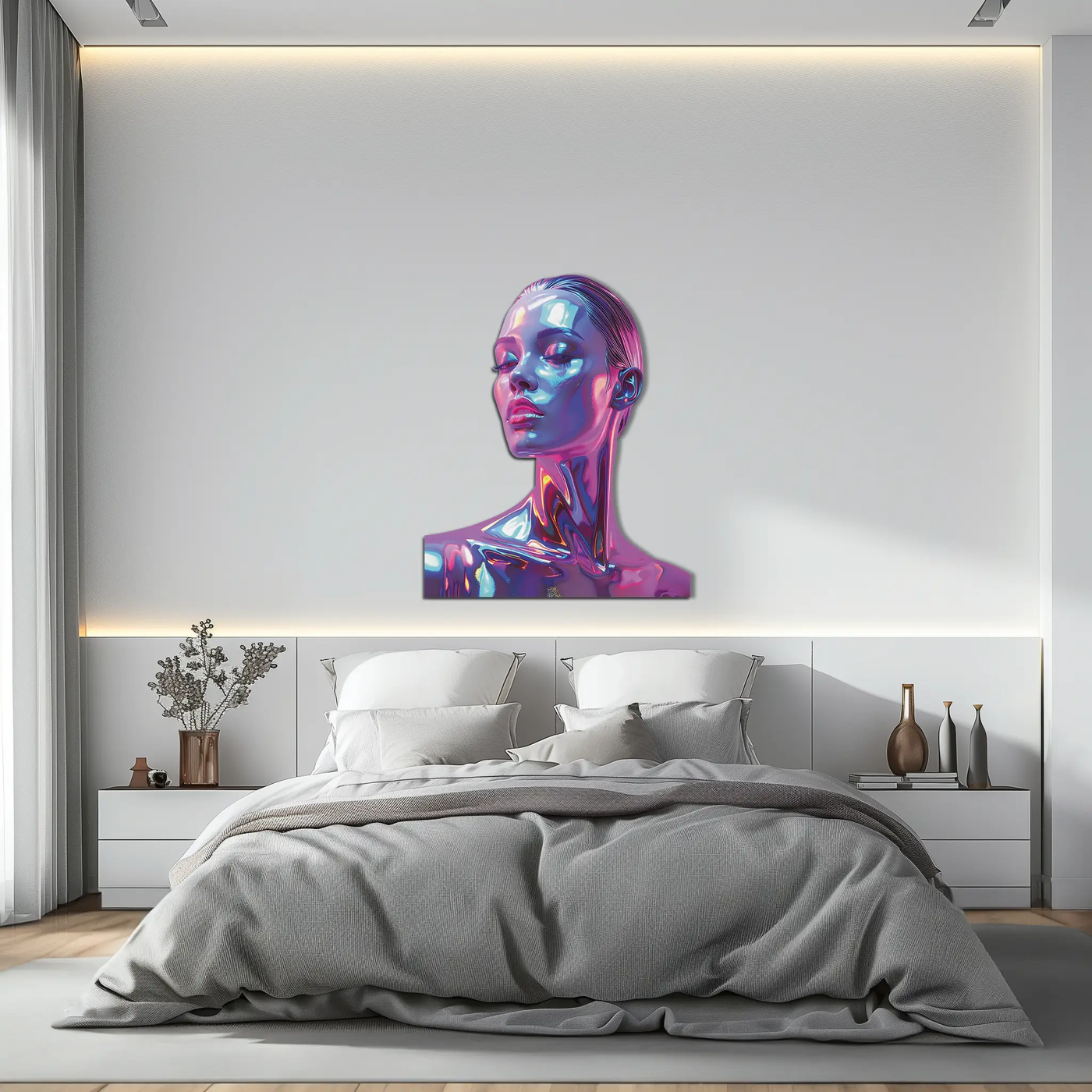Holographic Woman Portrait Metal Wall Art – Futuristic UV Decor-KAFUVM009 by Enova Art