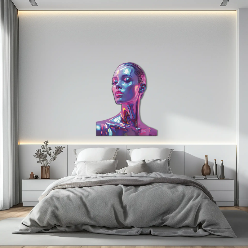 Holographic Woman Portrait Metal Wall Art – Futuristic UV Decor-KAFUVM009 by Enova Art