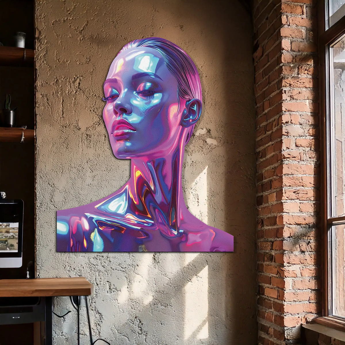 Holographic Woman Portrait Metal Wall Art – Futuristic UV Decor-KAFUVM009 by Enova Art