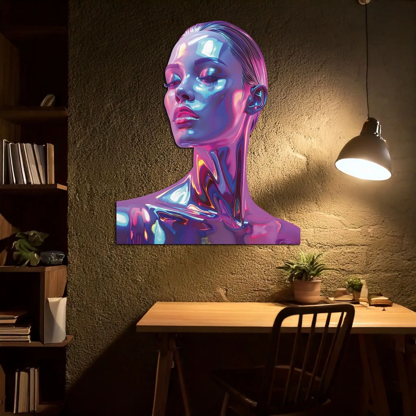 Holographic Woman Portrait Metal Wall Art – Futuristic UV Decor-KAFUVM009 by Enova Art