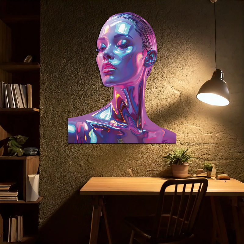 Holographic Woman Portrait Metal Wall Art – Futuristic UV Decor-KAFUVM009 by Enova Art