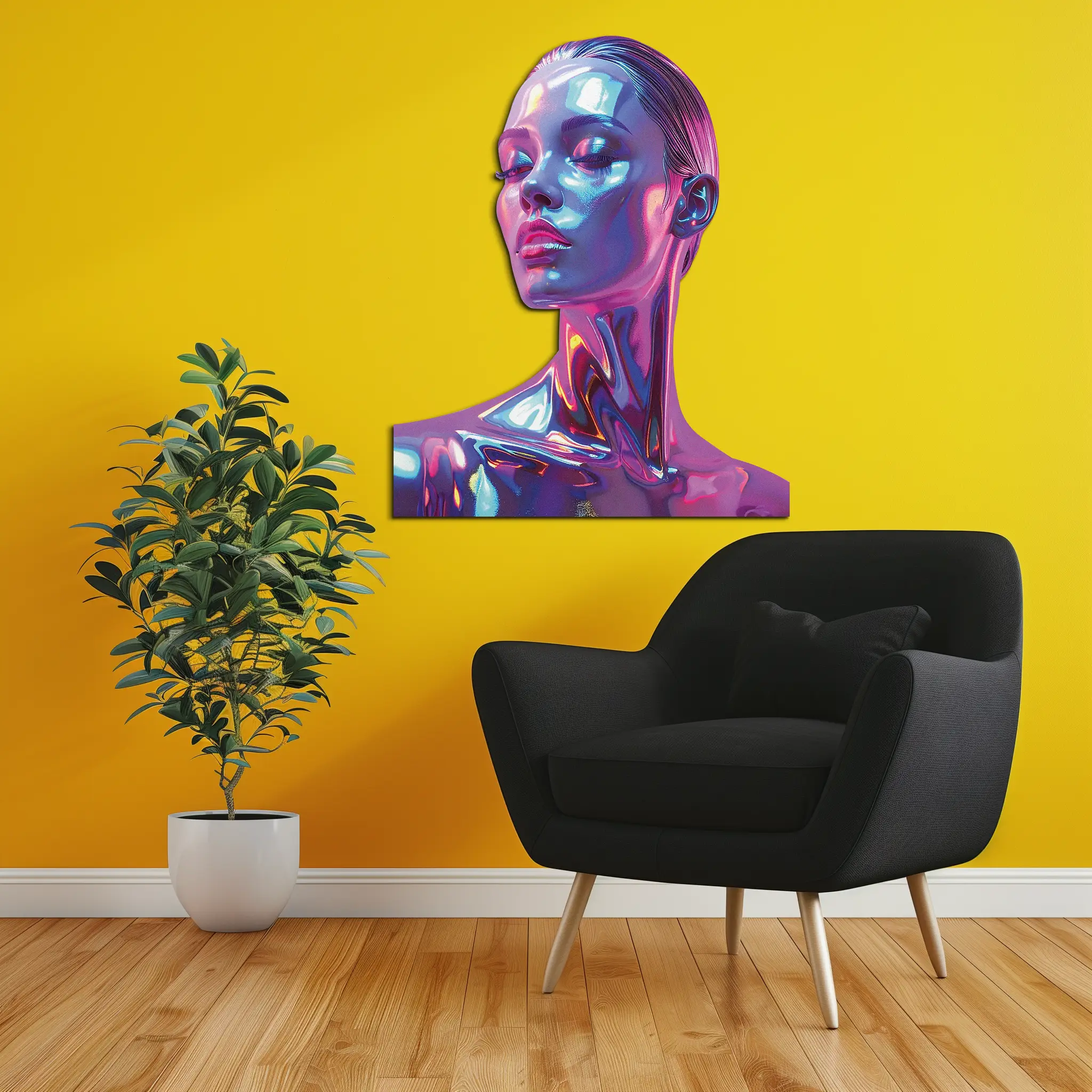Holographic Woman Portrait Metal Wall Art – Futuristic UV Decor-KAFUVM009 by Enova Art