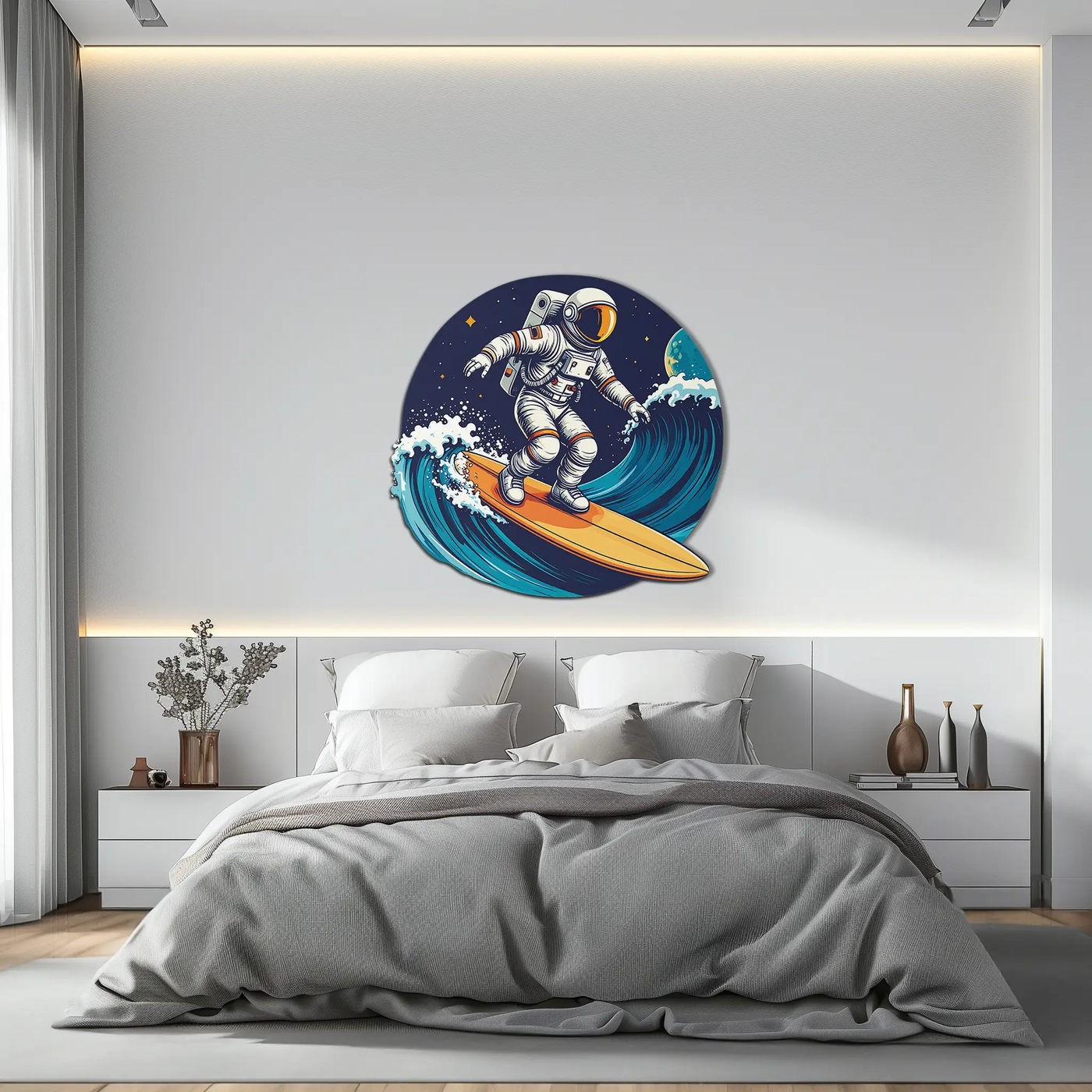 Astronaut Surfing Metal Wall Art – Space Wave UV Printed Decor-KAFUVM010 by Enova Art