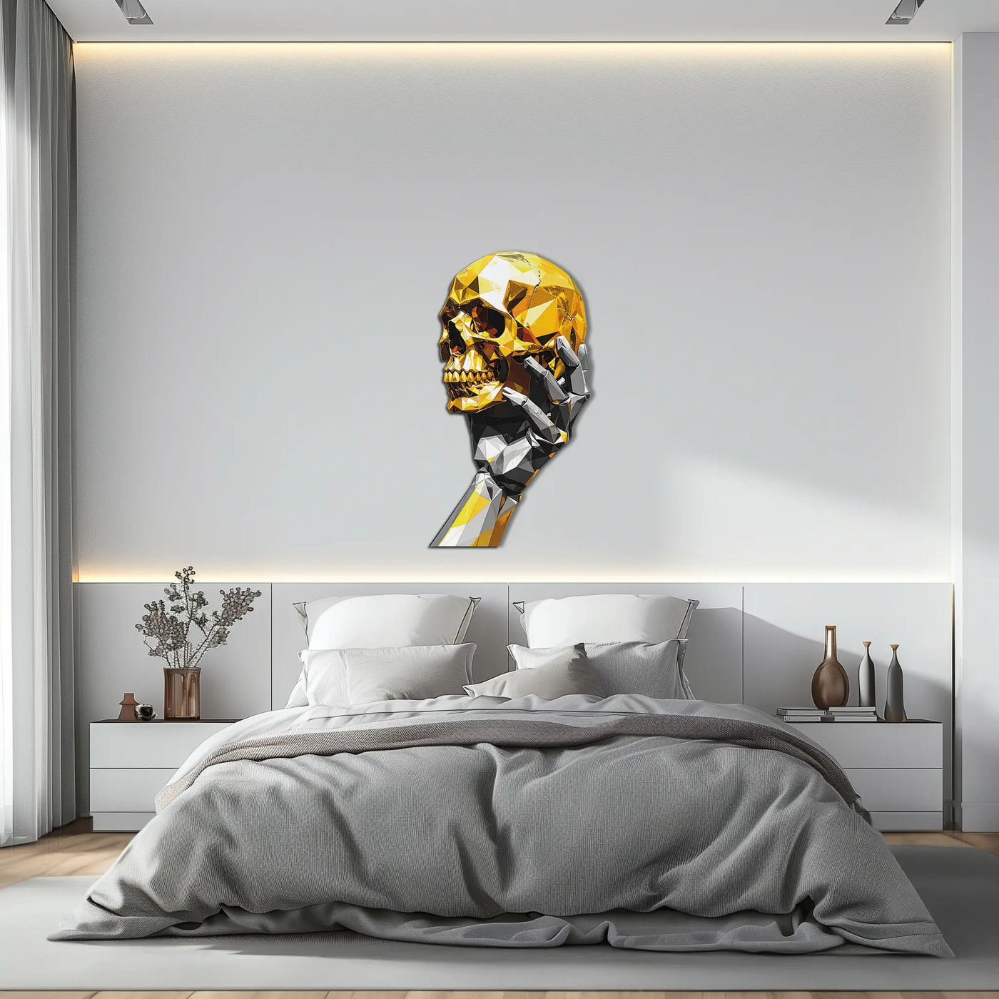 Gold Skull & Robot Hand Metal Wall Art – Futuristic UV Decor-KAFUVM013 by Enova Art
