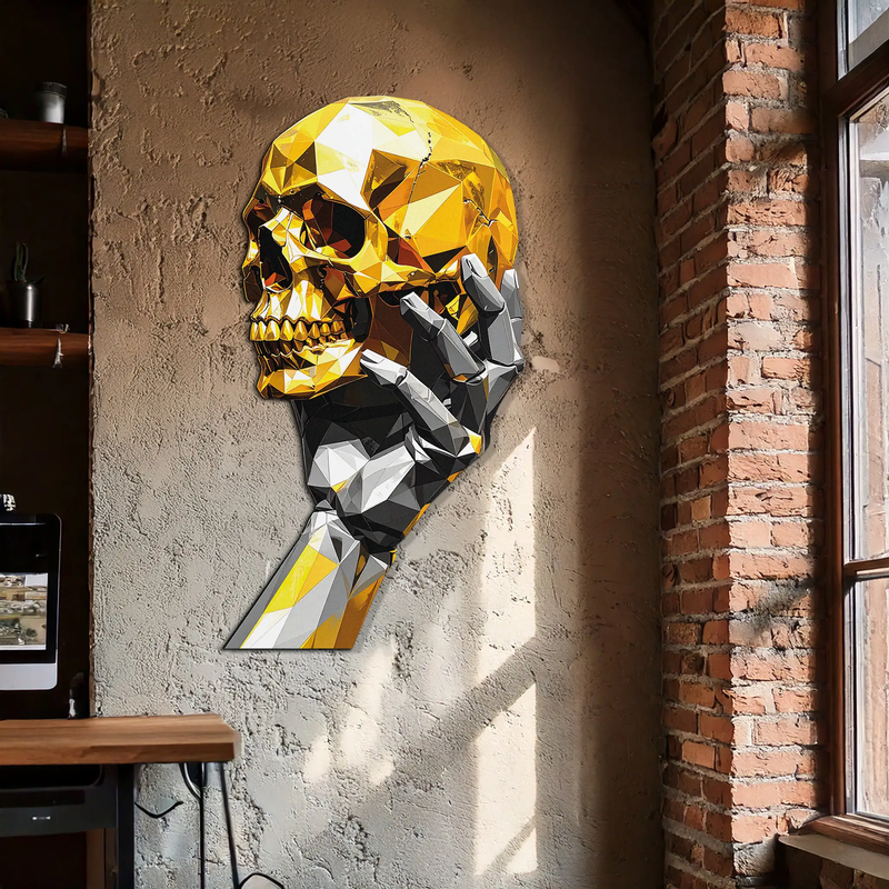 Gold Skull & Robot Hand Metal Wall Art – Futuristic UV Decor-KAFUVM013 by Enova Art
