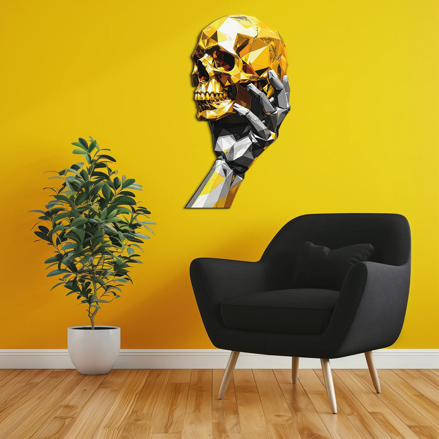 Gold Skull & Robot Hand Metal Wall Art – Futuristic UV Decor-KAFUVM013 by Enova Art