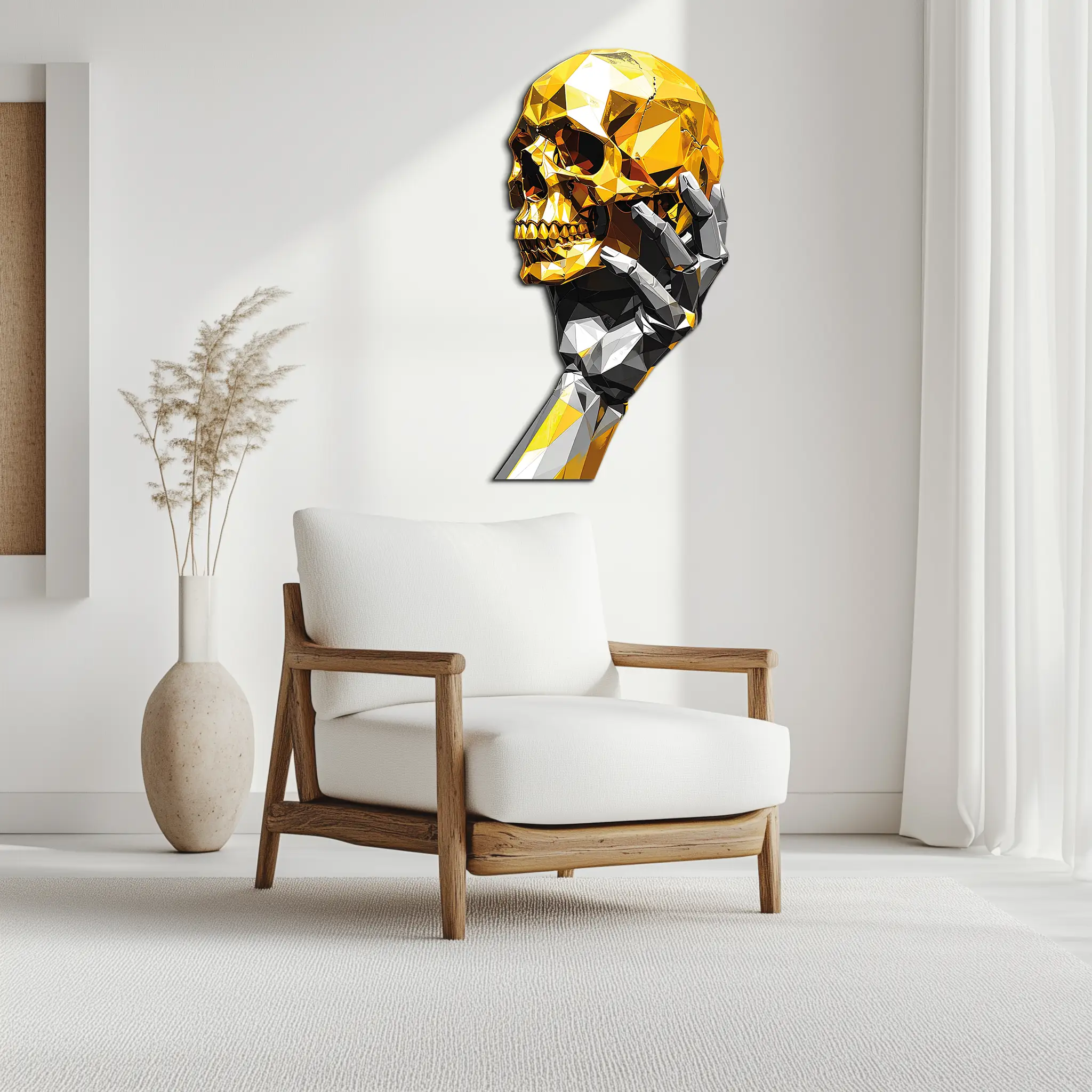 Gold Skull & Robot Hand Metal Wall Art – Futuristic UV Decor-KAFUVM013 by Enova Art