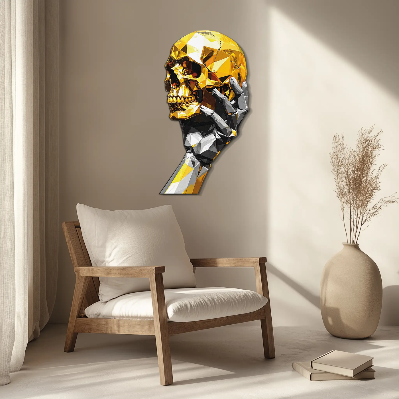 Gold Skull & Robot Hand Metal Wall Art – Futuristic UV Decor-KAFUVM013 by Enova Art