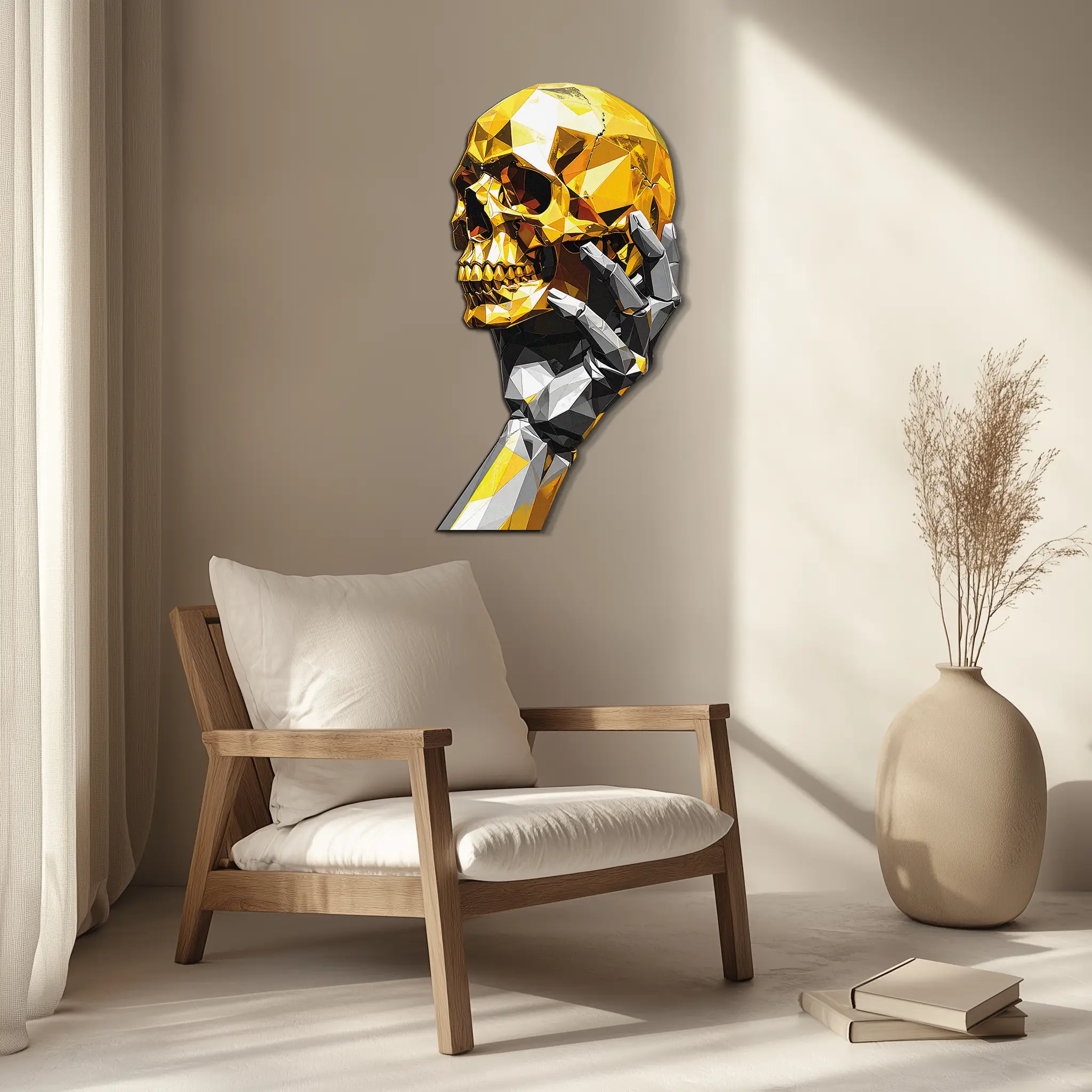 Gold Skull & Robot Hand Metal Wall Art – Futuristic UV Decor-KAFUVM013 by Enova Art