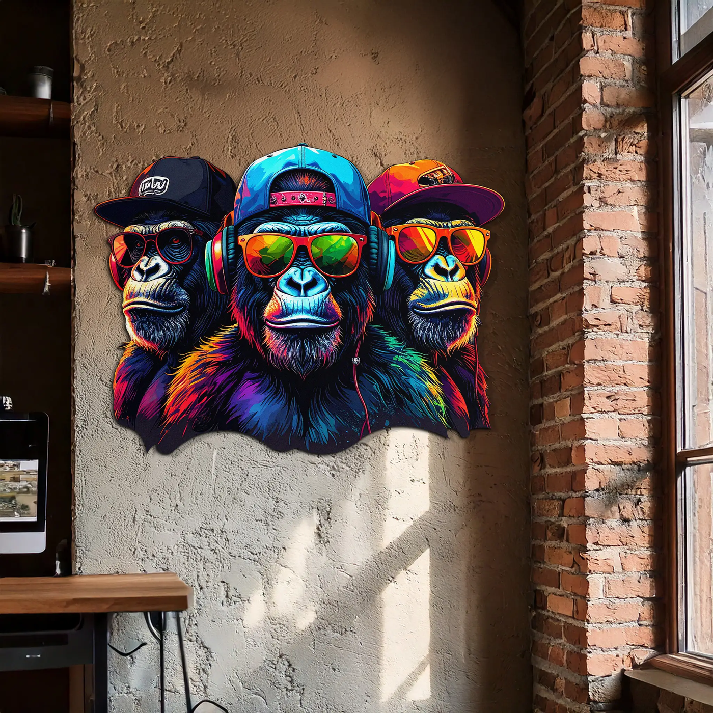 Cool Gorilla Trio Metal Wall Art – Neon Urban UV Printed Decor-KAFUVM014 by Enova Art