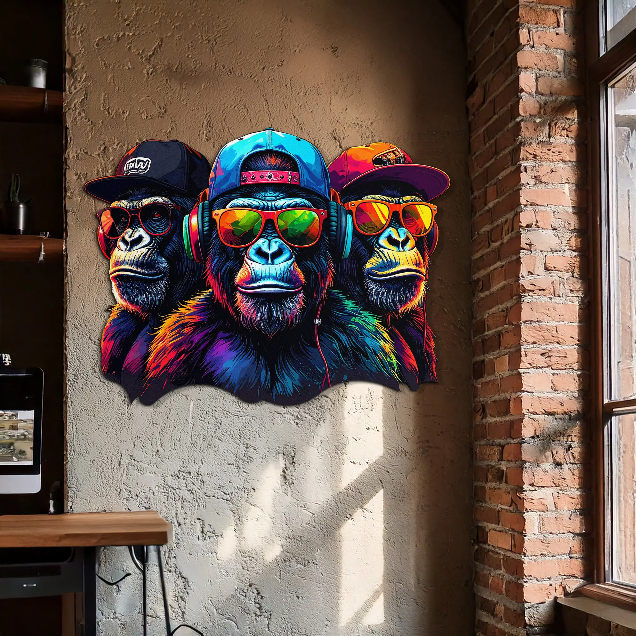 Cool Gorilla Trio Metal Wall Art – Neon Urban UV Printed Decor-KAFUVM014 by Enova Art