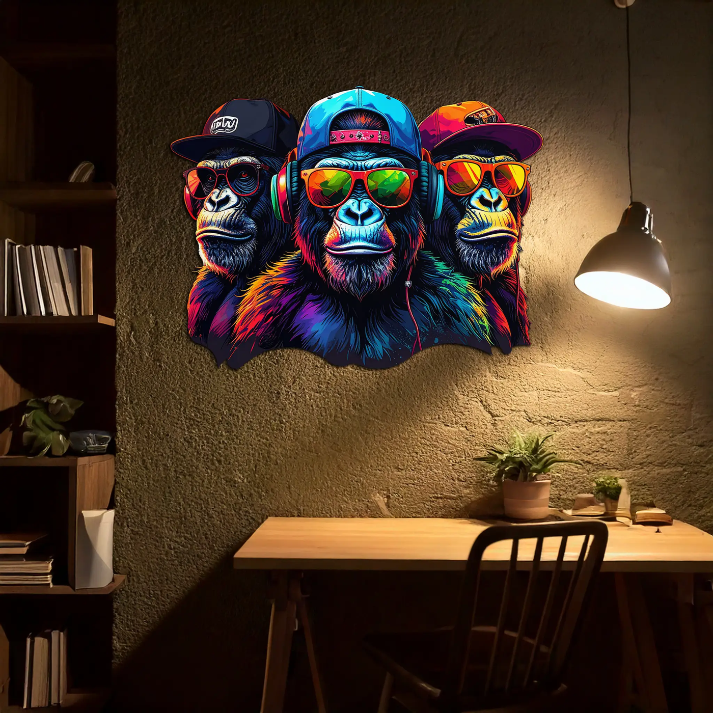 Cool Gorilla Trio Metal Wall Art – Neon Urban UV Printed Decor-KAFUVM014 by Enova Art