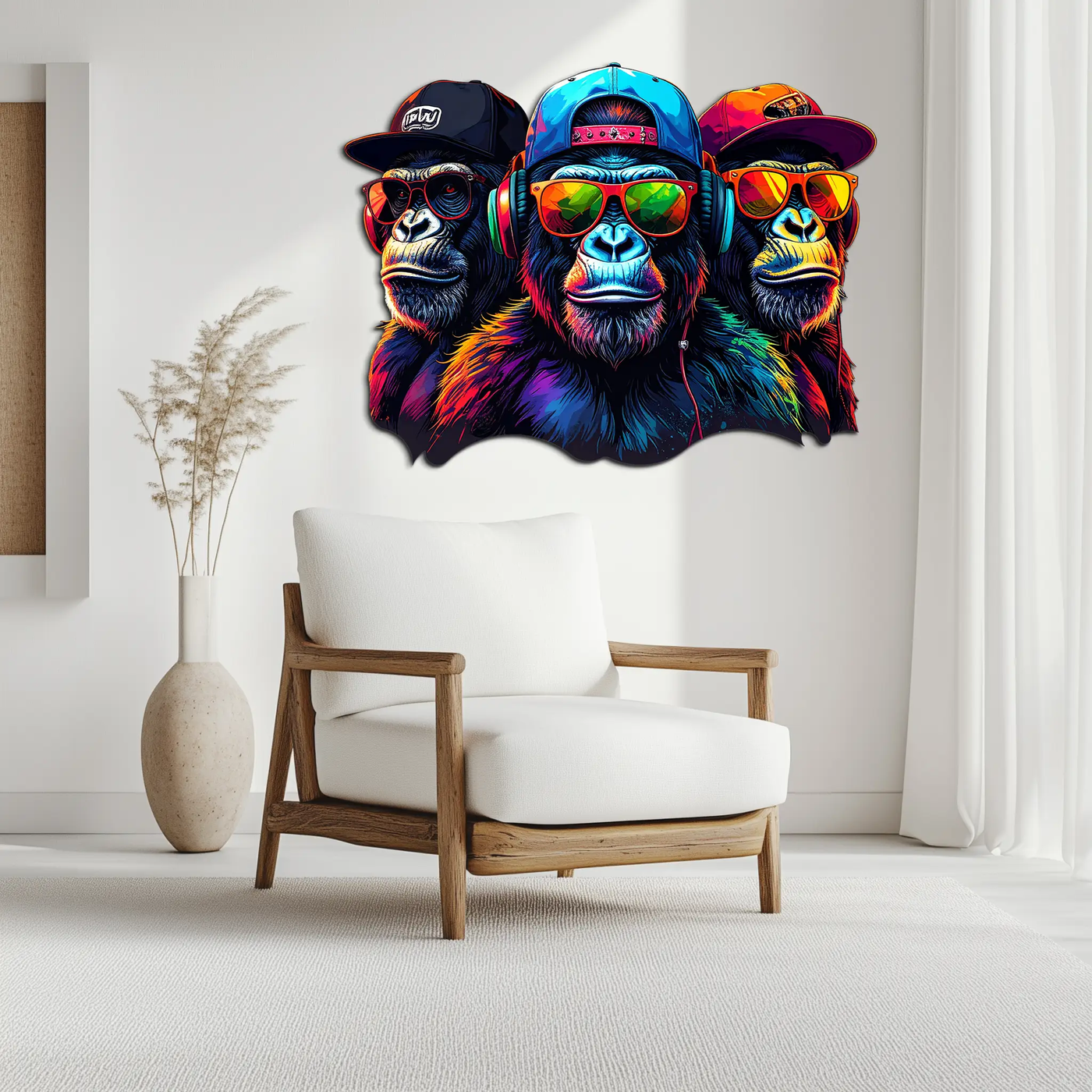 Cool Gorilla Trio Metal Wall Art – Neon Urban UV Printed Decor-KAFUVM014 by Enova Art