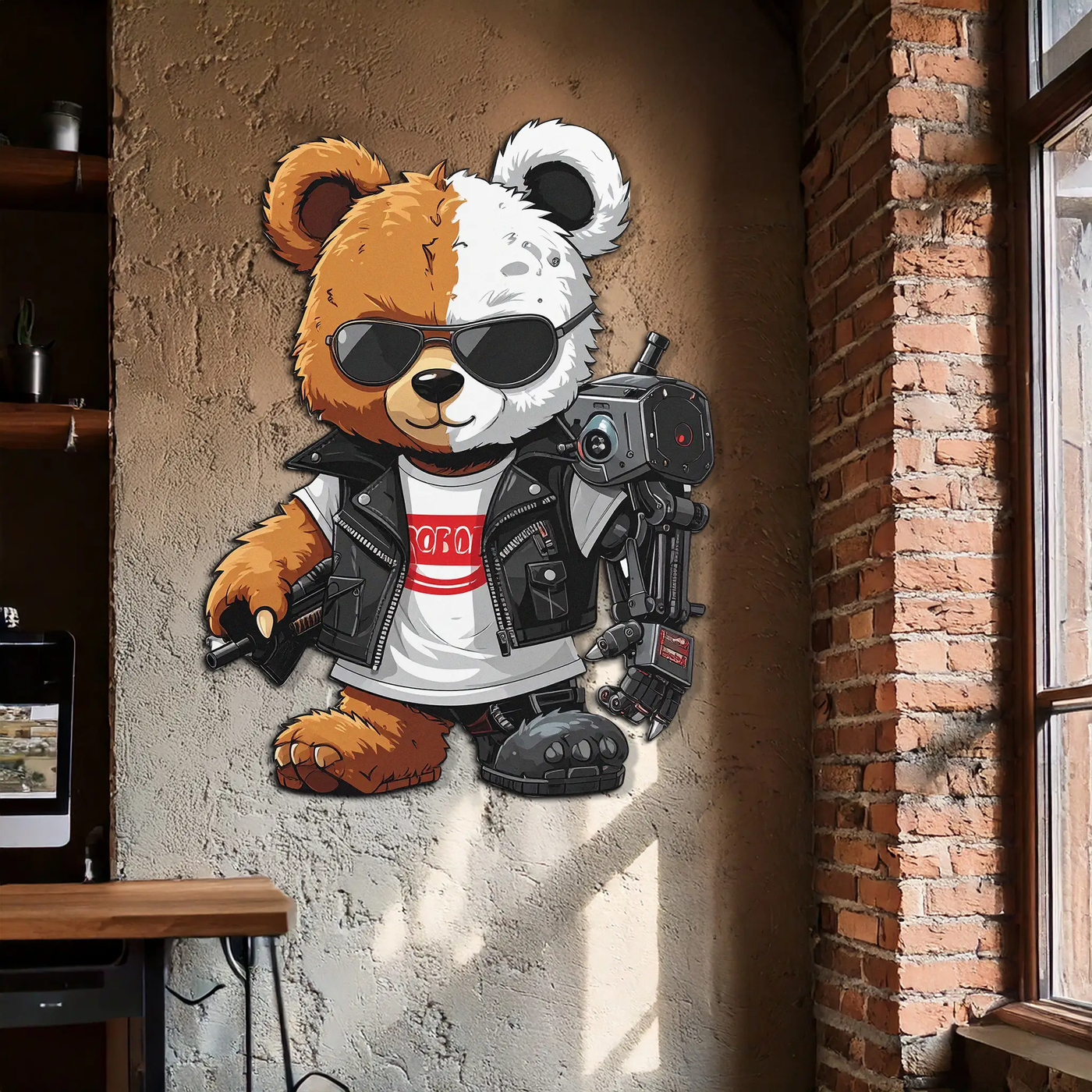Cyborg Teddy Bear Metal Wall Art – Cool UV Printed Robo Decor-KAFUVM016 by Enova Art