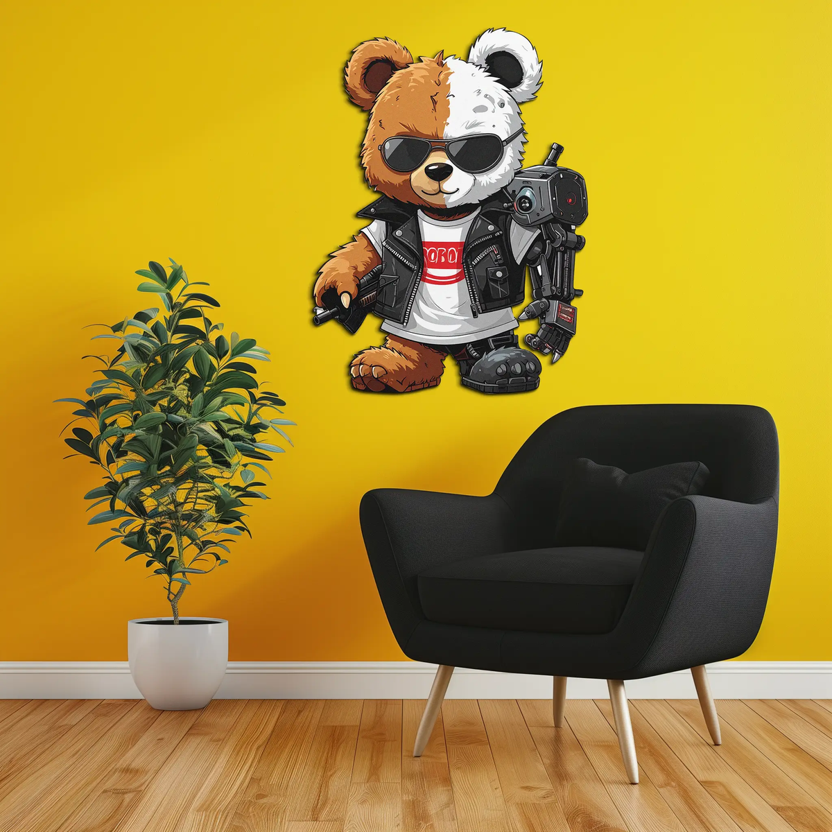 Cyborg Teddy Bear Metal Wall Art – Cool UV Printed Robo Decor-KAFUVM016 by Enova Art