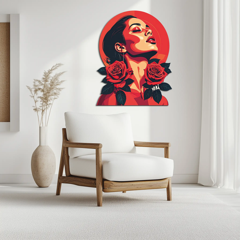 Red Rose Woman Metal Wall Art – Bold Feminine UV Printed Decor-KAFUVM017 by Enova Art