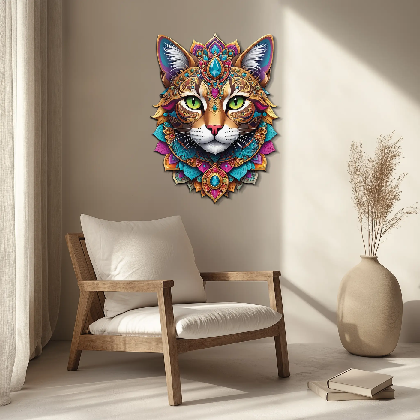 Psychedelic Mandala Cat Wall Art – Vibrant Boho Decor-KAFUVM025 by Enova Art